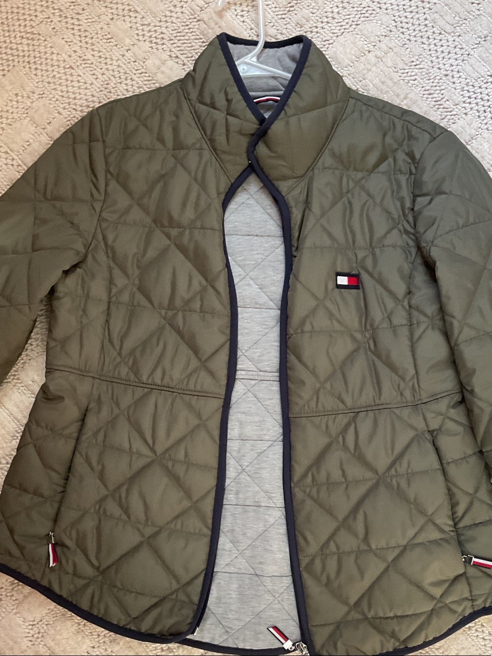 Tommy Hilfiger Olive Quilted Puffer Jacket with Navy Trim